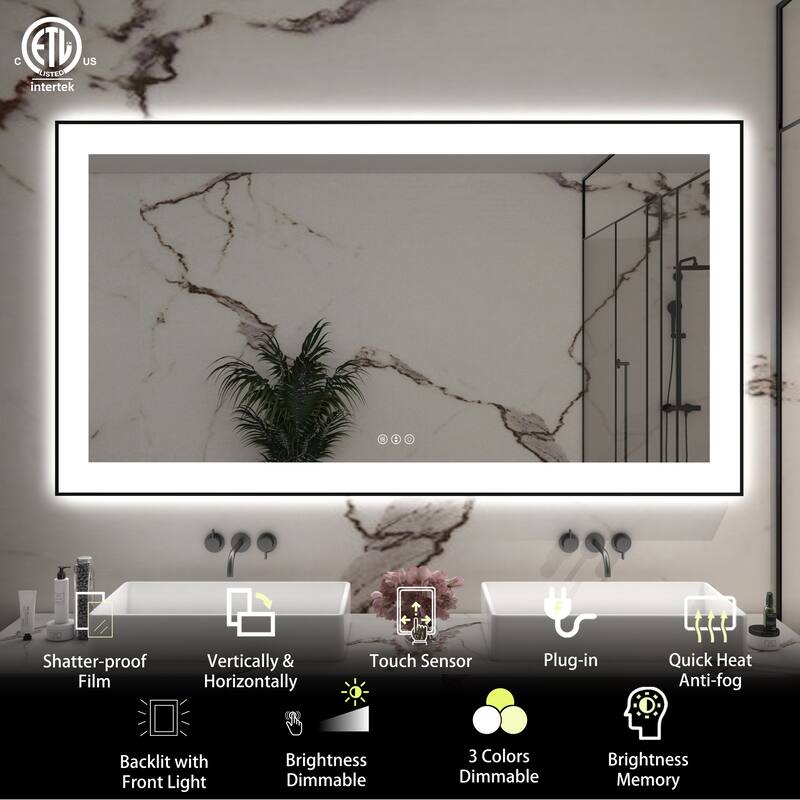 Rectangular Aluminum Framed Backlit and Front Light LED Wall Bathroom Vanity Mirror - N/A