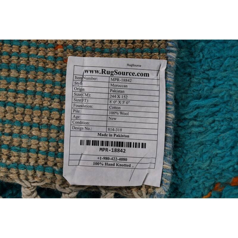Blue Moroccan Oriental Area Rug Hand-Knotted Trellis Wool Carpet - 5'0" x 8'0"