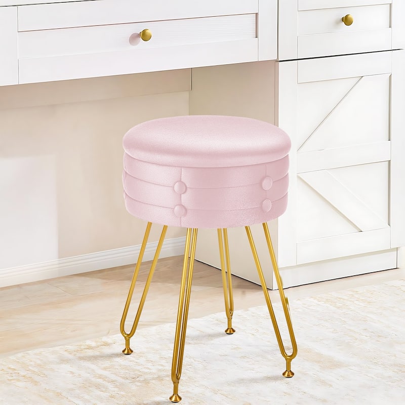 VECELO 18.5"H Multi-Functional Velvet Vanity Stool Tufted Small Vanity Chair with Metal Legs Convertible Storage End Table - Pink
