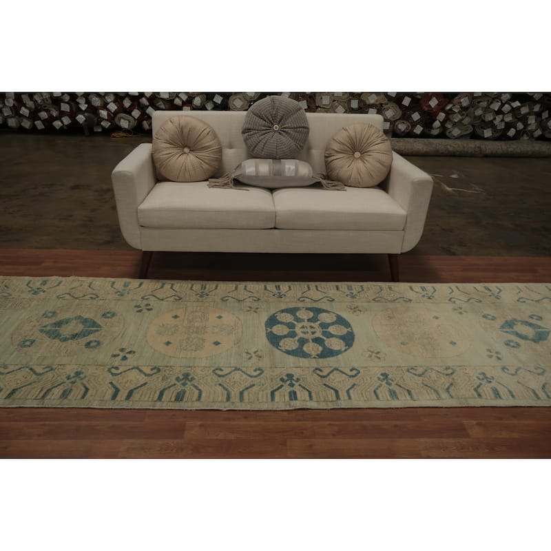 Hand Knotted Oriental 100% Wool Carpet Transitional Geometric Green Khotan Runner Rug - 11' 11'' X 3' 3''