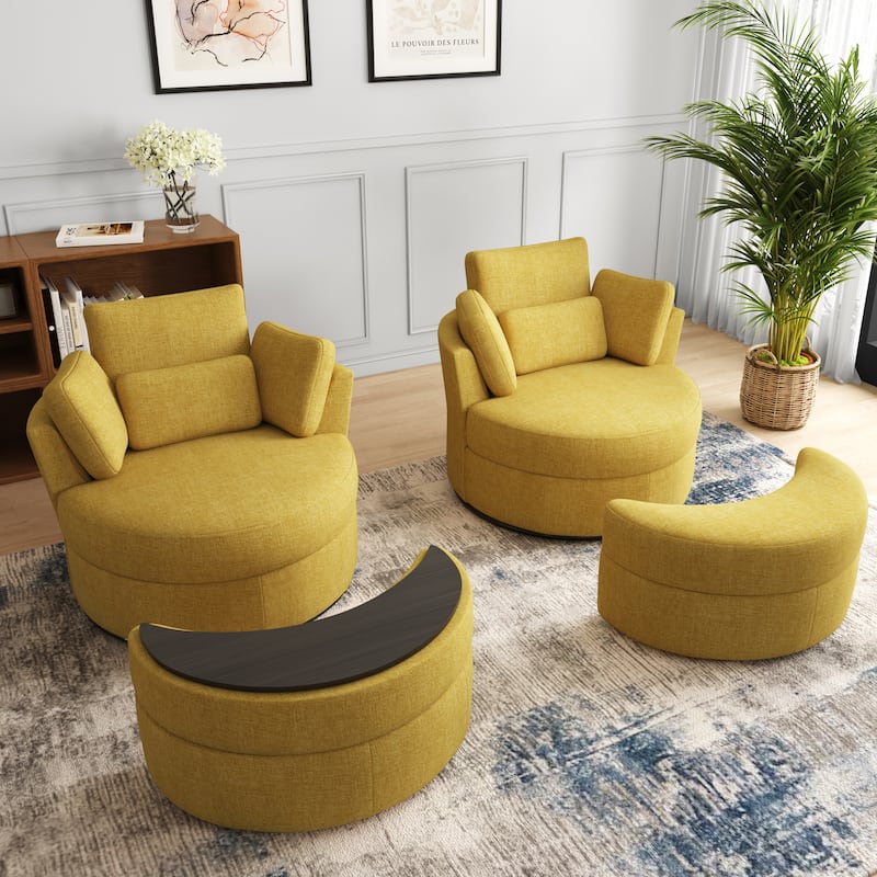 Upholstered Barrel Swivel Chairs with Moon Ottoman (Set of 2)