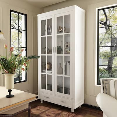 70.9"H Office Cabinet Pantry 4 shelves Bookcase 1 Drawer White Lacquer