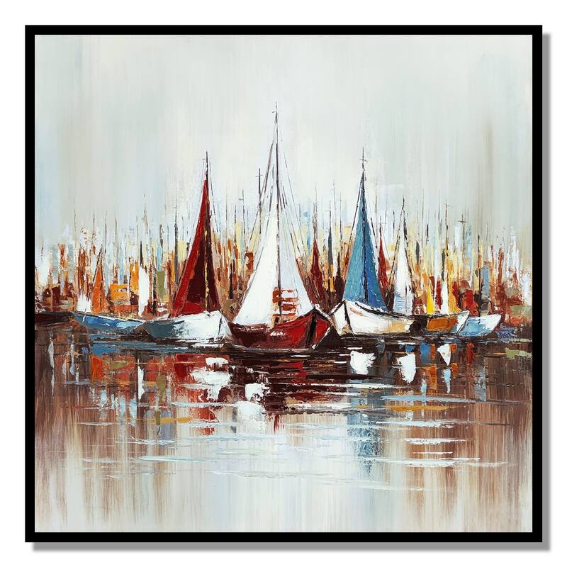 Hy 47 x 47 Hand Painted Multicolor Boats in Standing Water, Black PS Frame - White, Blue, Red, Yellow