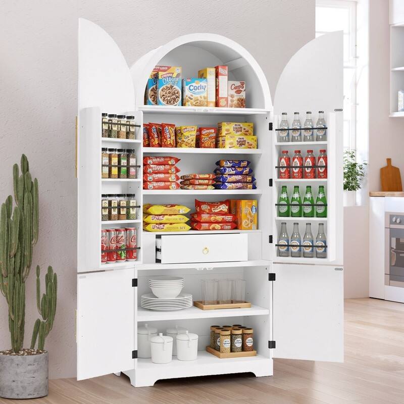 Arched 72" Tall Kitchen Pantry Cabinet with 8 Door Shelves and 3 Adjustable Shelves for Kitchen Storage Solutions