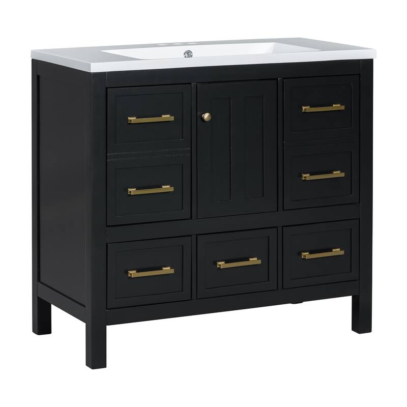 Freestanding Vanity for Bathroom with Resin Sink, Storage Cabinet with 5 Drawers, Soft Closing Doors and Gold Metal Handles