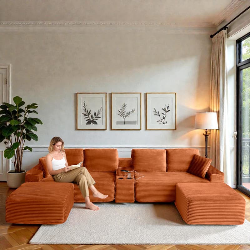 125" L Shaped Sectional Sofa with 2 Ottomans, Cloud Corduroy Couch with Deep Seat, Cup Holders and USB Ports - Orange