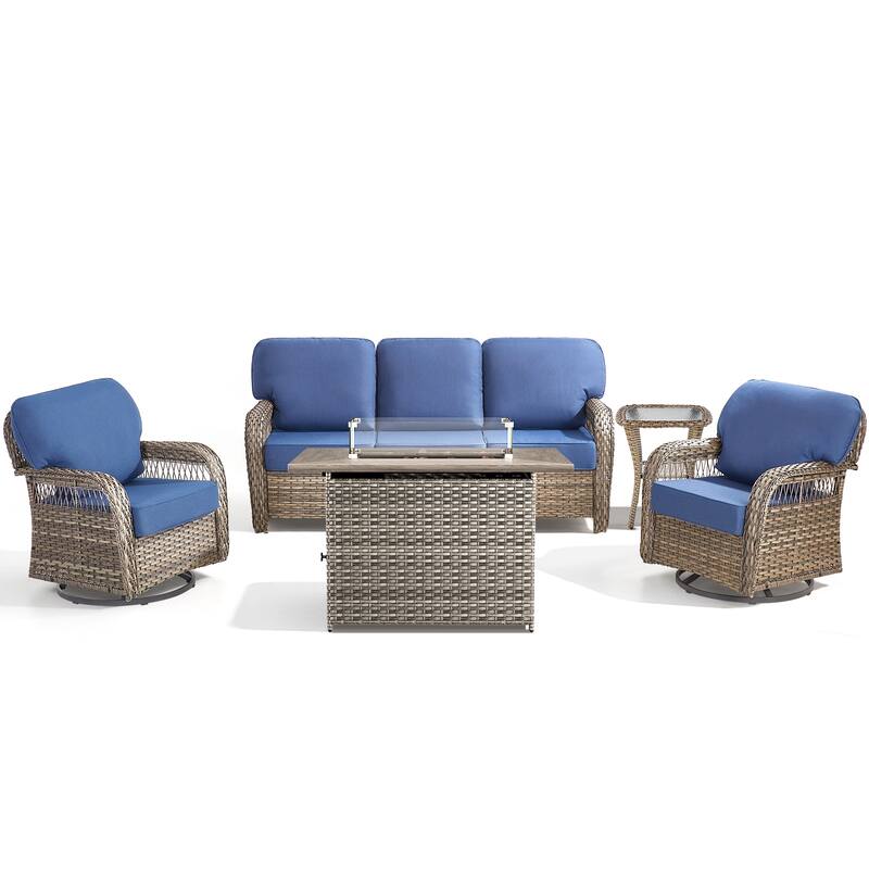 Pocassy Outdoor Fire Table with Swivel Chair Sofa Funiture Set.
