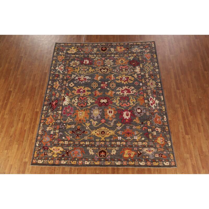 Hand Knotted Oriental 100% Wool Carpet Transitional All-Over Greys & Charcoal Oushak Area Rug - 9' 11'' X 8' 2''