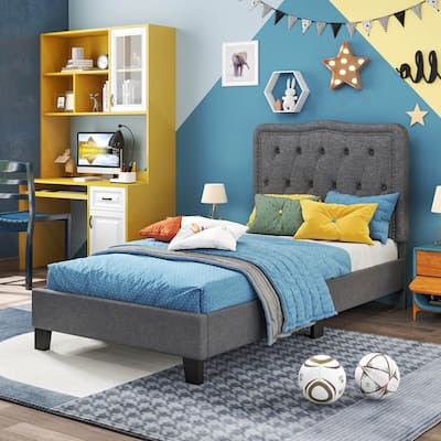 Twin Size Bed Frame Modern Linen Upholstered Platform Bed