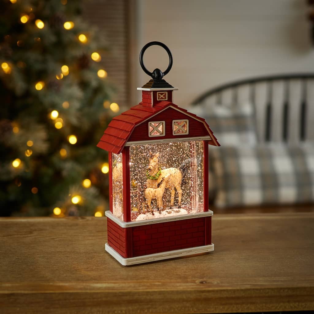 LED Lighted Horse Barn Christmas Snow Globe - 10.75" - Red
