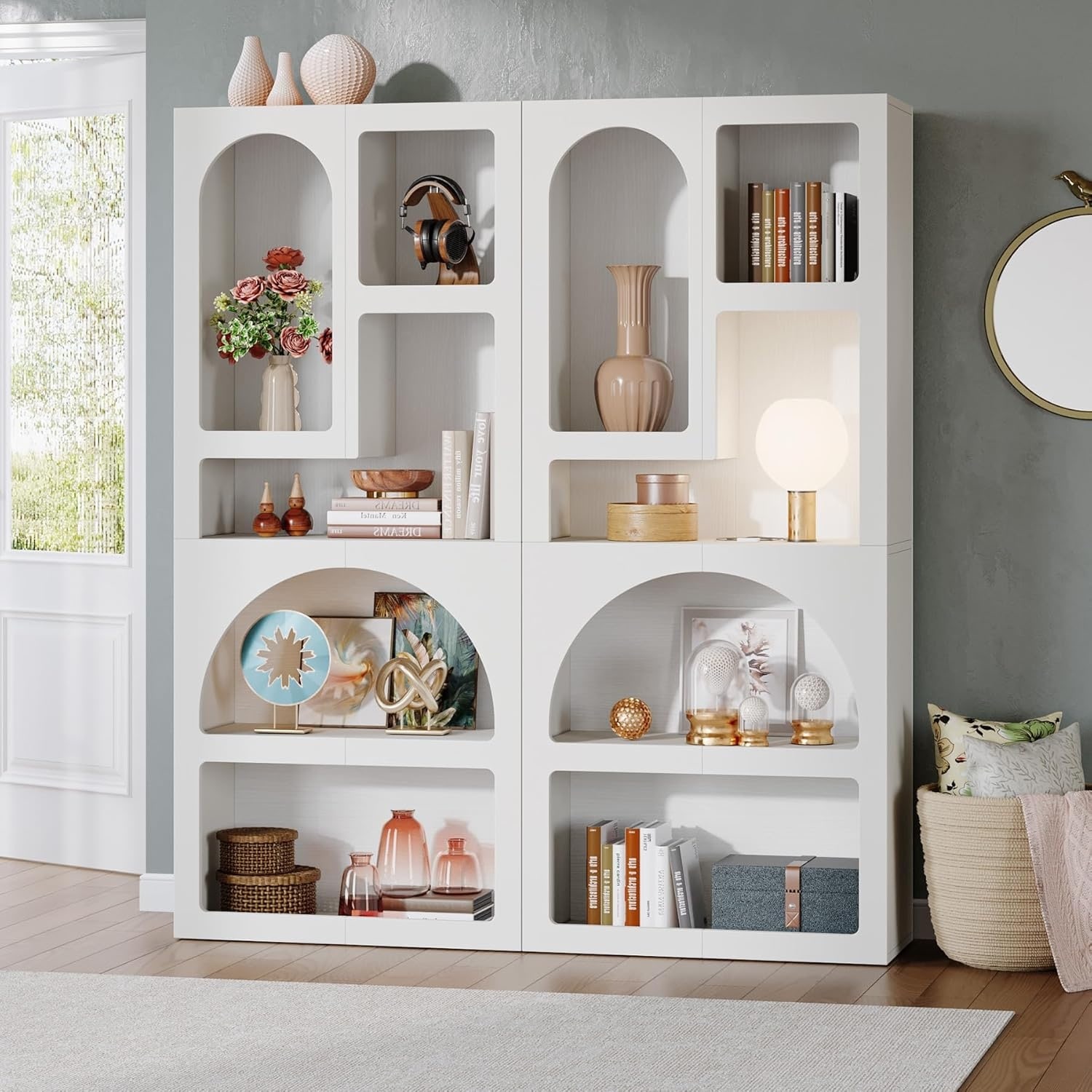 70” White Arched Wood Bookshelf with 5 Geometric Storage Shelves