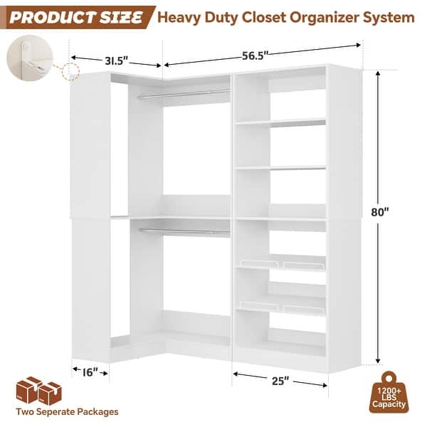 dimension image slide 1 of 3, Cimly Set of 2 Corner Closet System with Shoe Organizer, Freestanding Closet Organizer with Hanging Rods and Tower Shelves