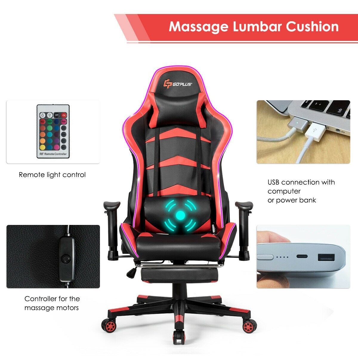 Massage led gaming chair with lumbar support & online footrest