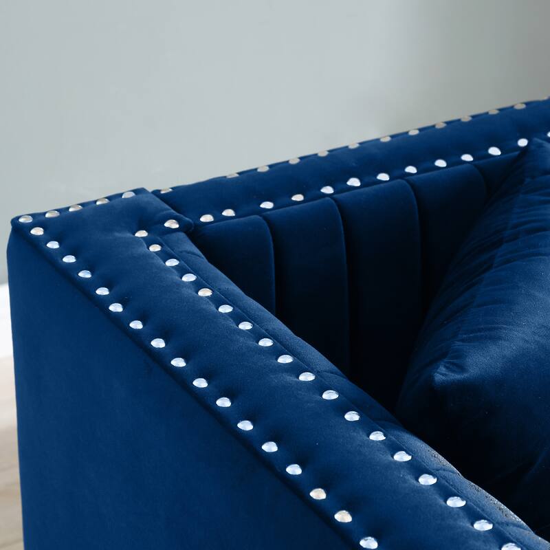 Velvet Sofa with Channel Tufting, Nailhead Trim - 3-Seater