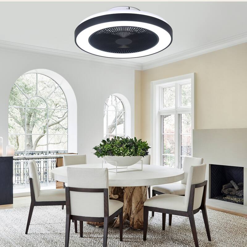 Cusp Barn 19" Modern Low Profile Flush Mount Ceiling Fans with Lights, Smart RGB Ceiling Fan with Alexa/Tuya APP/Voice Control