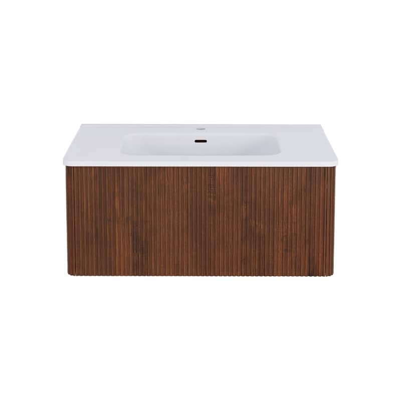 36 inch Wall-Mounted Bathroom Vanity Set in Walnut with Integrated Ceramic Sink