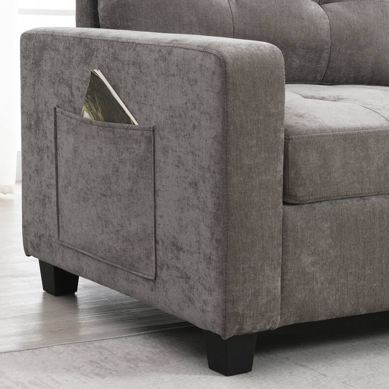 L-shape Chenille Sectional Sofa with 2 Acrylic Consoles Table Top, USB Charger, 2 Drawers, Pockets and Ottoman for Living Room
