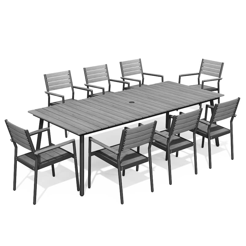 Outdoor Aluminum Rectangle 9-piece Patio Dining Set with Umbrella Hole and Chairs