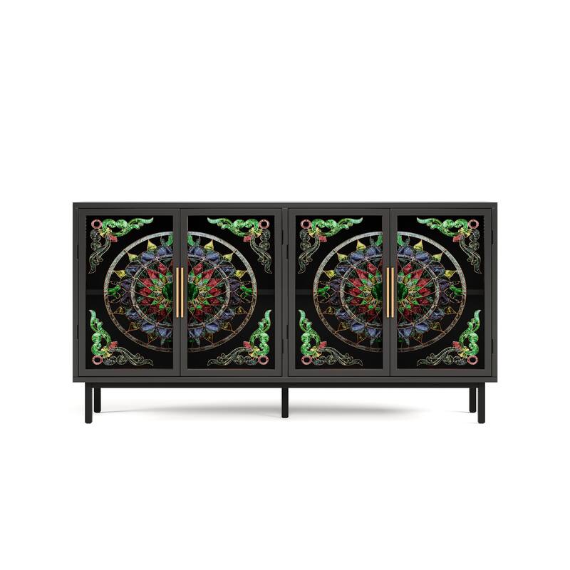 4-Door Accent Cabinet, Painted Glass Buffet Cabinet with Metal Frame