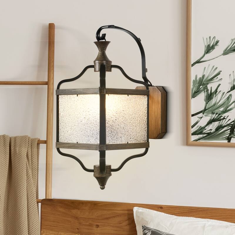 CurveCurio 17" Antique Matte Black Wall Light Metal Farme w/ Glass Shade and Solid Wood Shade, 3 Light Wall Sconces - 12"*8"*17" - 12"*8"*17" - Matte Black 