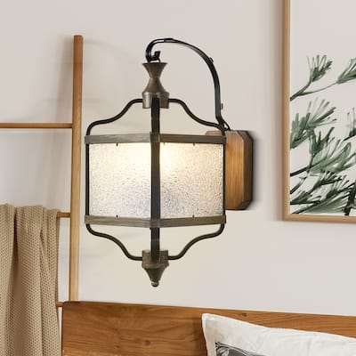 CurveCurio 17" Antique Matte Black Wall Light Metal Farme w/ Glass Shade and Solid Wood Shade, 3 Light Wall Sconces - 12"*8"*17"
