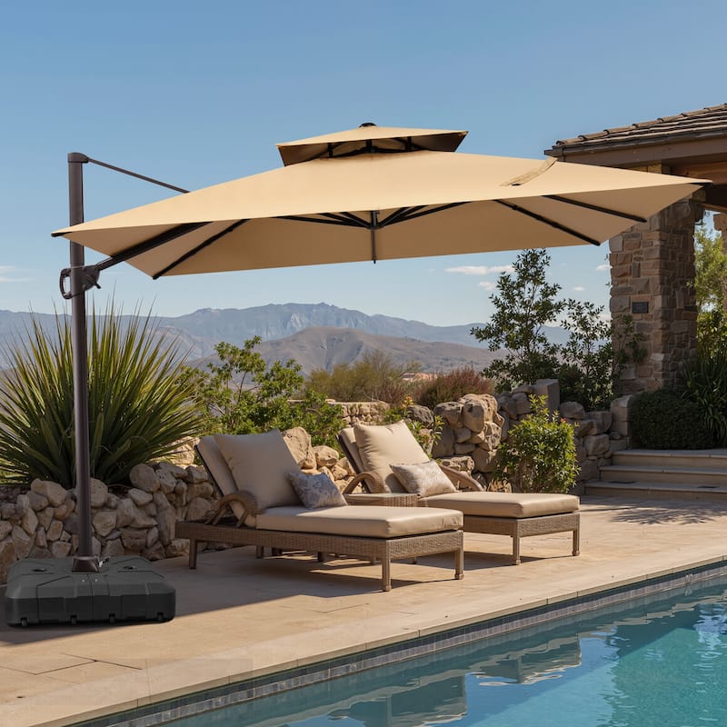 Outdoor 10FT Square Adjustable Offset Cantilever Patio Umbrella with Base - Tan