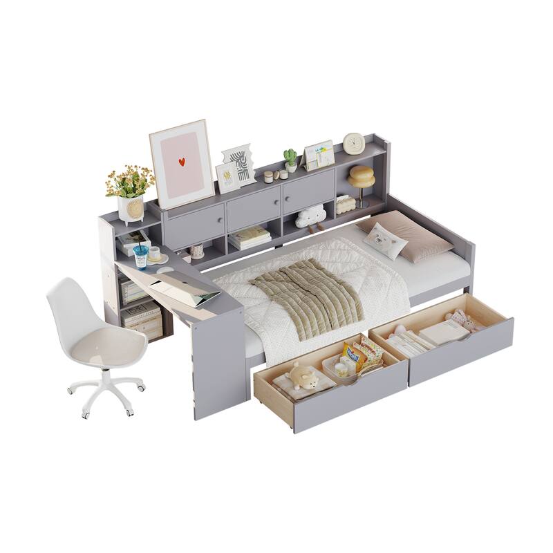 Twin Size Daybed with Storage 3 Cabinets and 2 Drawers,Wooden Daybed Frame with Study Desk and Bookshelf,Multi-functional Bed