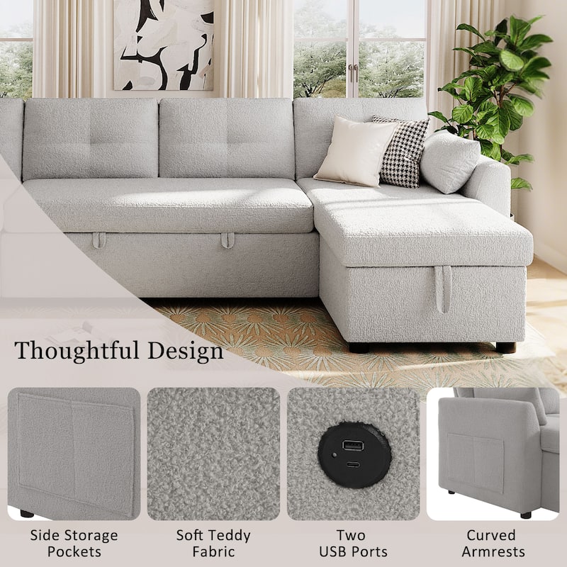 Teddy Fabric Sectional Sofa Convertible Sleeper Sofa Modern U-Shaped Couch Dual Storage Chaise Lounge with Pockets and USB Ports