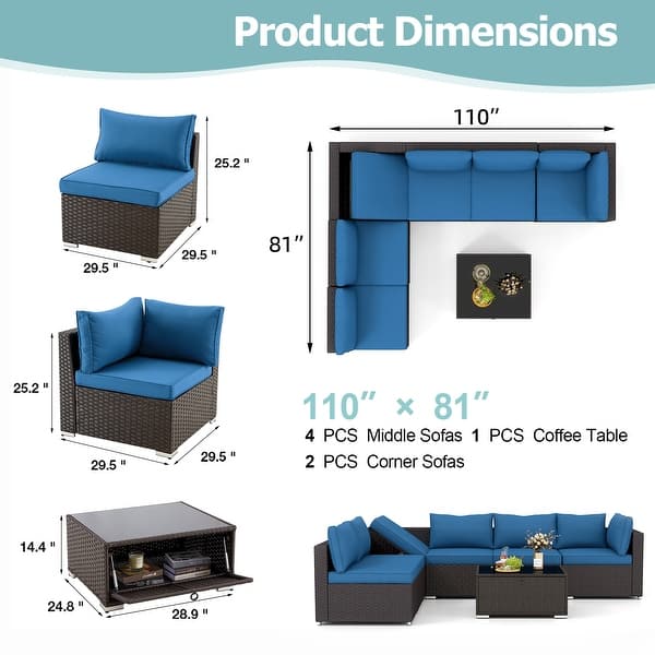 dimension image slide 5 of 6, EROMMY 6/7 Piece Modular Outdoor Rattan Sofa Set, All-Weather Wicker Patio Furniture with Storage Table, Cushions & Pillows