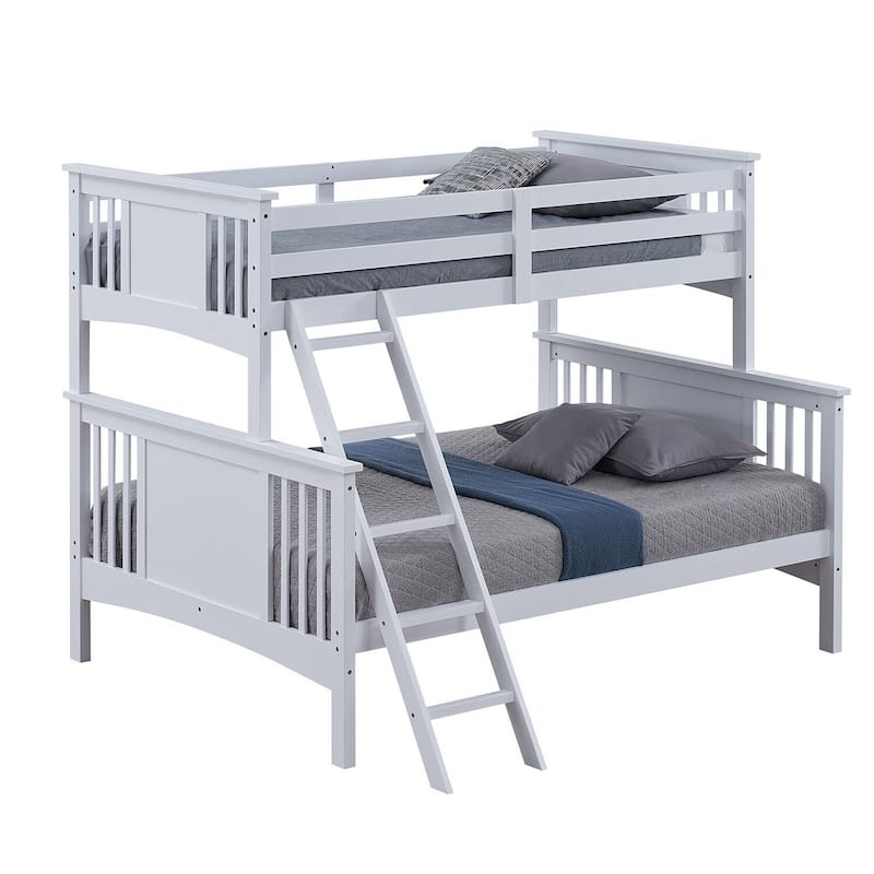 Twin Over Full Bunk Bed with Angled Ladder, White Solid Hardwood, Space-Saving Solution