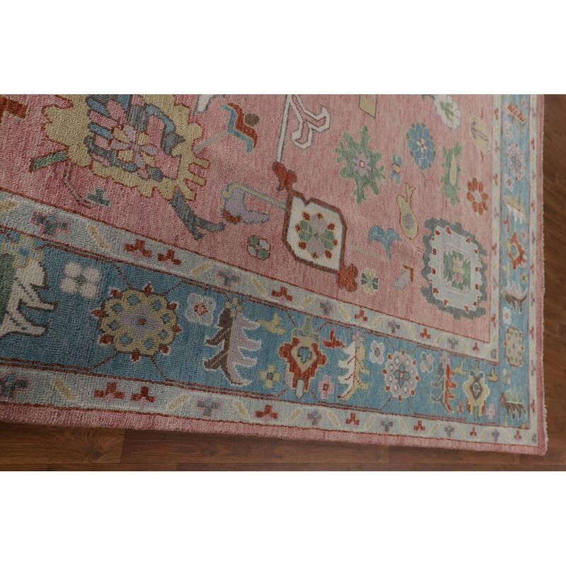 Pink Floral Oushak Oriental Large Area Rug Hand-Knotted Wool Carpet - 9'6" x 14'1"