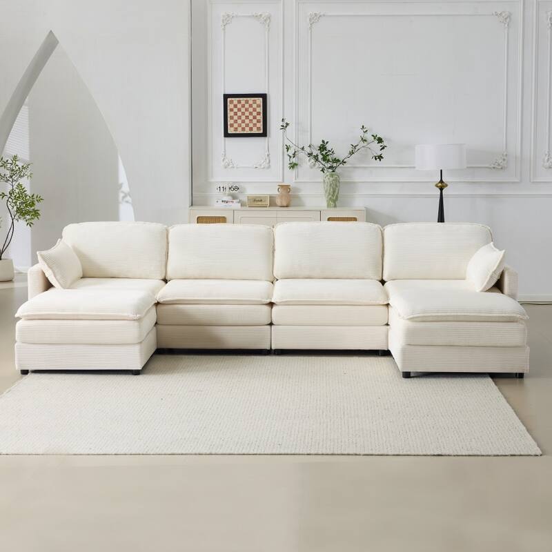 136" Modular 4-seater Sofa with 2 Footstools,Beige Chenille Cushions and 2 Throw Pillows