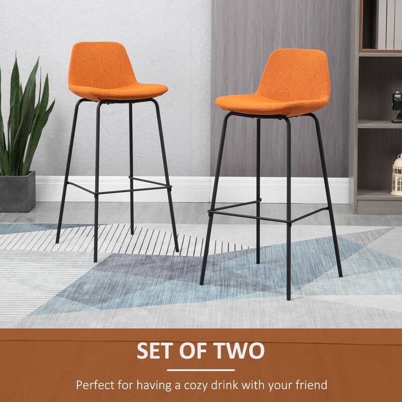 HOMCOM 29.5" Seat Height Bar Stools Set of 2, Upholstered Bar Chairs, Armless Barstools with Back, Steel Legs