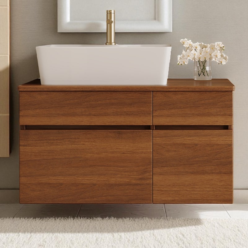 31.5" Floating Bathroom Vanity with Vessel Ceramic Sink Soft Close Drawer and Cabinet Storage - Walnut
