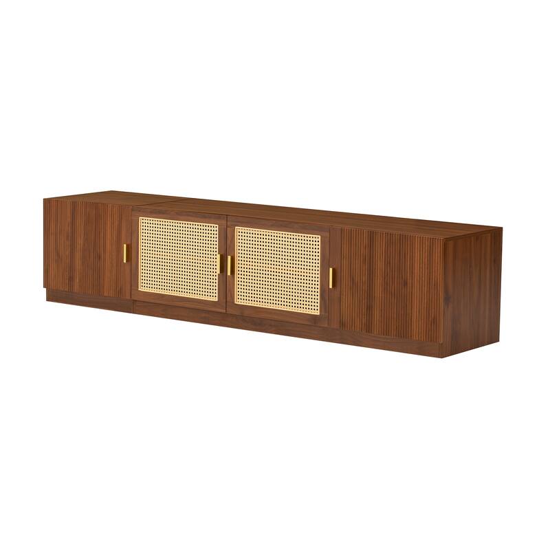 Anmytek Retro TV Stand Media Console with Rattan Doors Wood Grain Large Screen TV Cabinet Storage