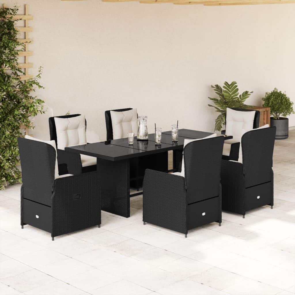 vidaXL Garden Dining Set Black PE rattan 7 Piece Set Adjustable Armrests - 31.5 x 74.8 x 29.1 in