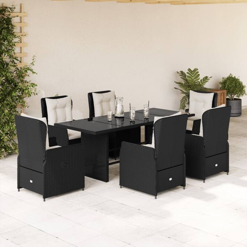 vidaXL Garden Dining Set Black PE rattan 7 Piece Set Adjustable Armrests - 31.5 x 74.8 x 29.1 in