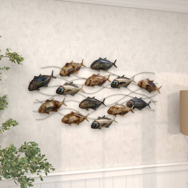 Blue Metal Indoor Outdoor Fish Home Wall Decor with Silver and Bronze Accents