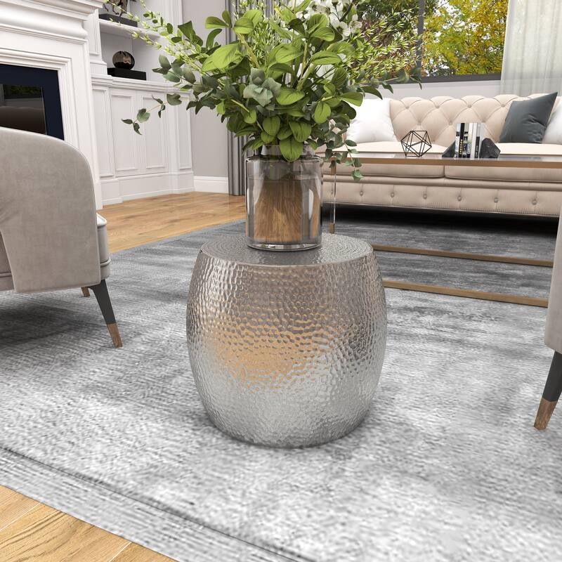 Silver Aluminum Contemporary Accent Table with Hammered Design On