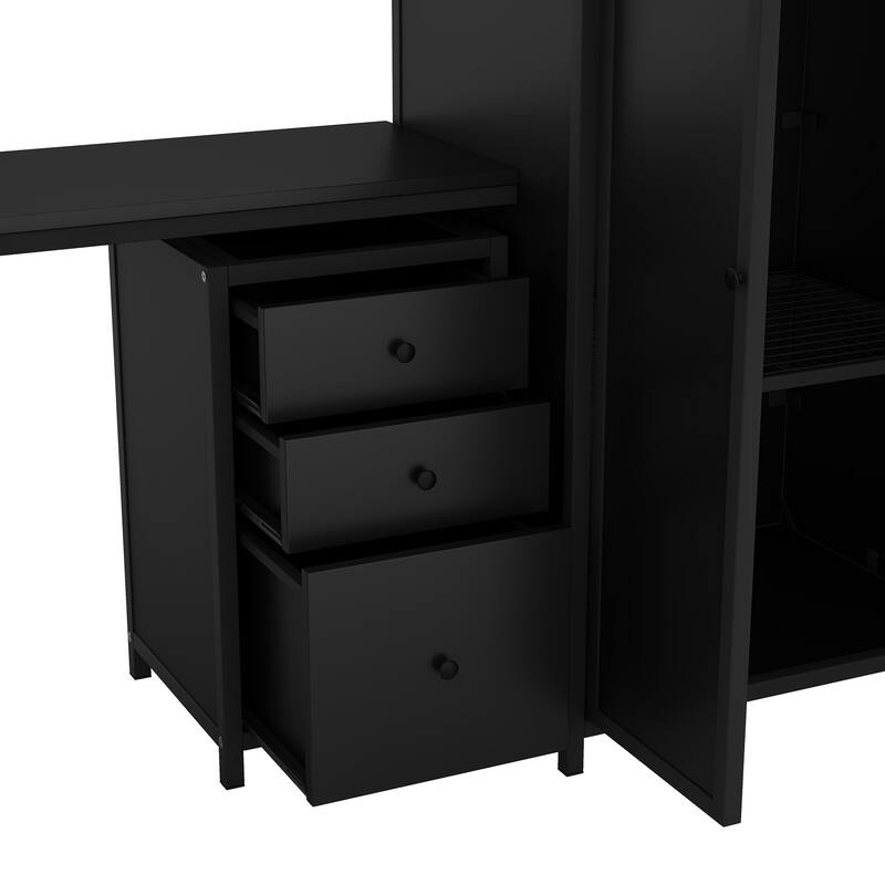 Black Metal Bed Frame, Full Size Loft Bed with Built-in Desk, Wardrobe and Storage Shelves for Children, Boys and Girls