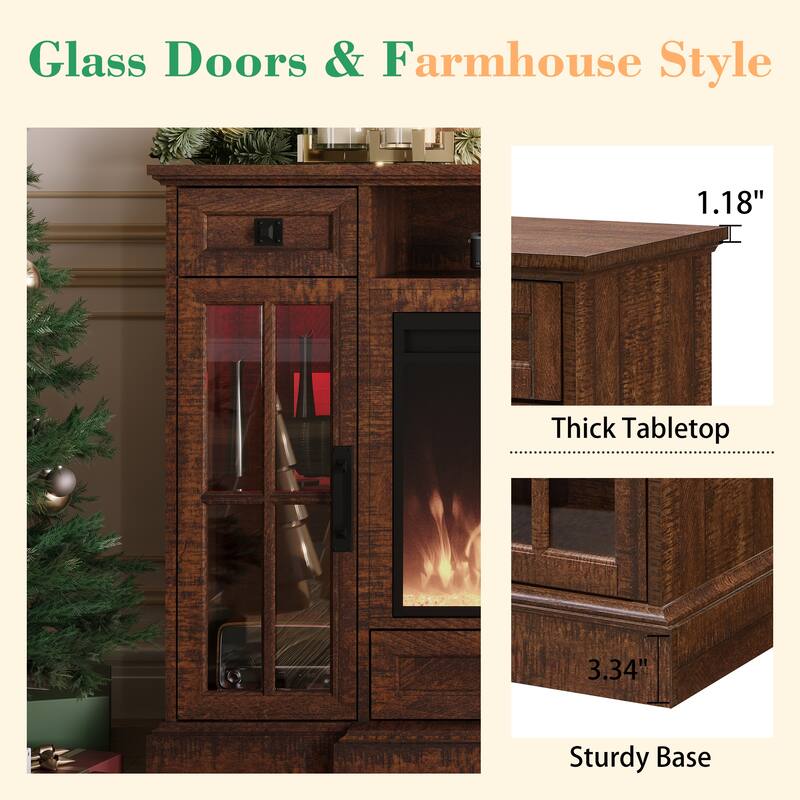 Fireplace TV Stand for 80" TV, Farmhouse Entertainment Center with LED