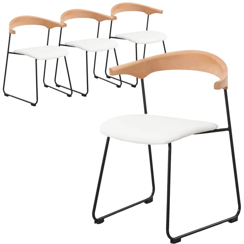 Upholstered Dining Chair in Leather with Iron Legs Set of 4 Lyra Collection - Natural Wood/White