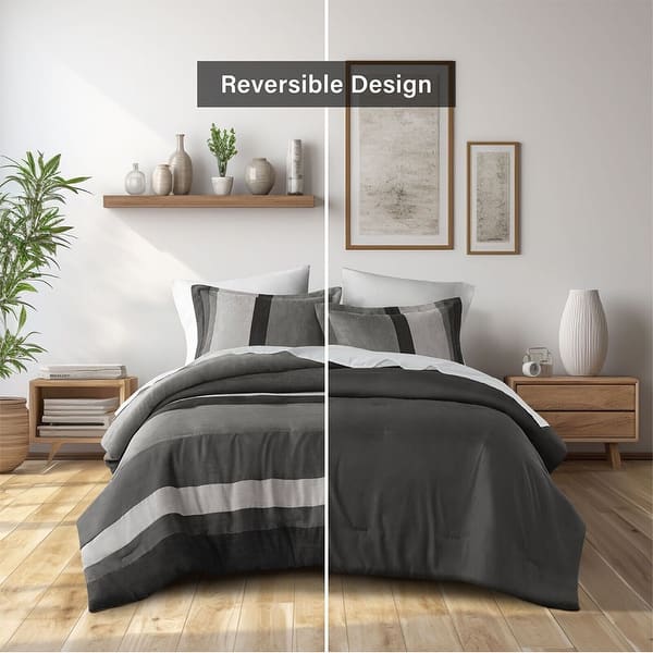 3pc Full/ Queen Luxury Stripe Faux Suede Fluffy Comforter Set Black