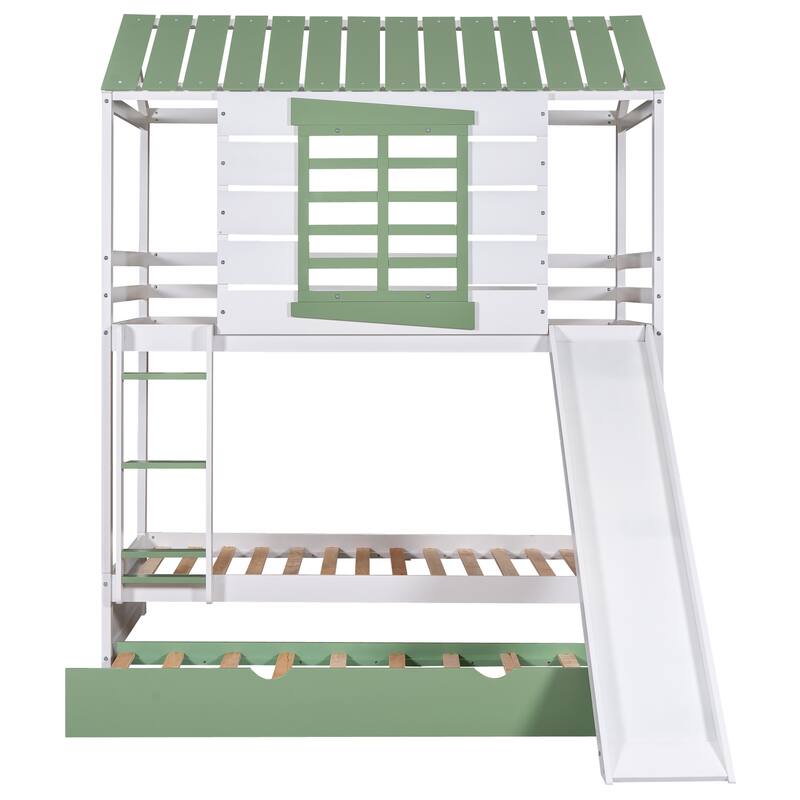 Twin Size House Bunk Bed with Slide, Trundle, and Roof, White + Green