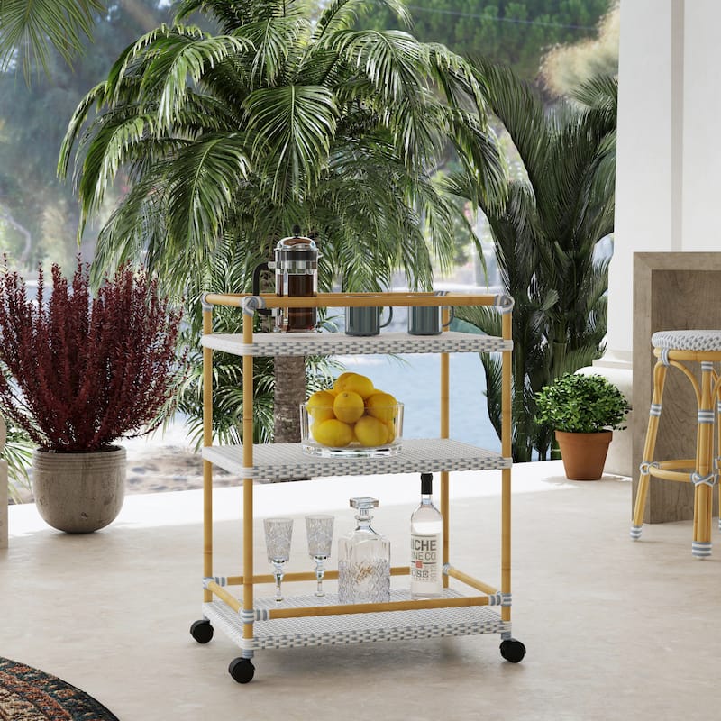 Tobias Outdoor Rattan and Metal 3- Tier Rattan Bar Cart - Blue/White