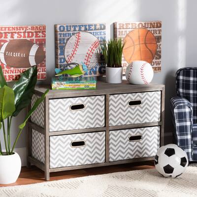 Jorah Modern Greywashed Wood Storage Unit with Four Fabric Baskets