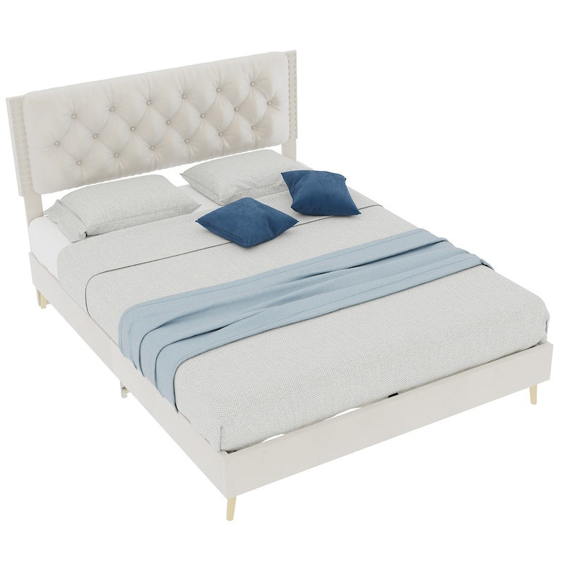 Beige Full Size Platform Bed Frame with Upholstered Headboard