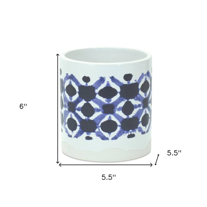HomeRoots Set of Two White And Blue Ceramic 5 Ounce Geometric Round Pot Planters - 5.50 in. x 6.00 in. x 5.50 in.