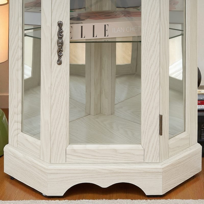 Lighted Corner Curio Cabinet with Tempered Glass Doors, Adjustable Shelves, Oak Finish Display Storage for Home Decor