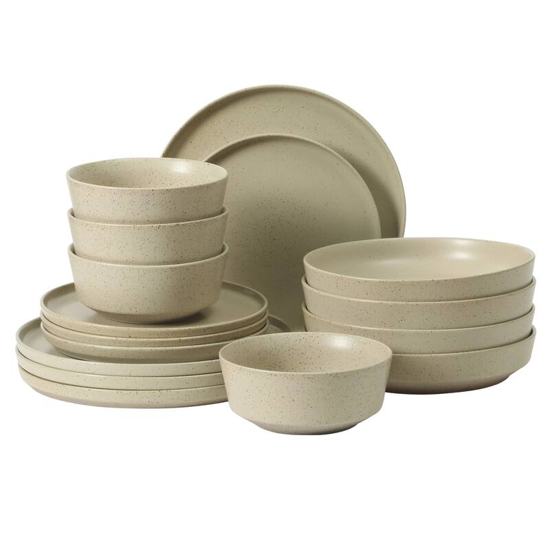 Gibson Elite Overbrook 16-Piece Pottery Clay Stoneware Stackable Dinnerware Set - Plates & Bowls, Reactive Glaze, Service for 4 - White